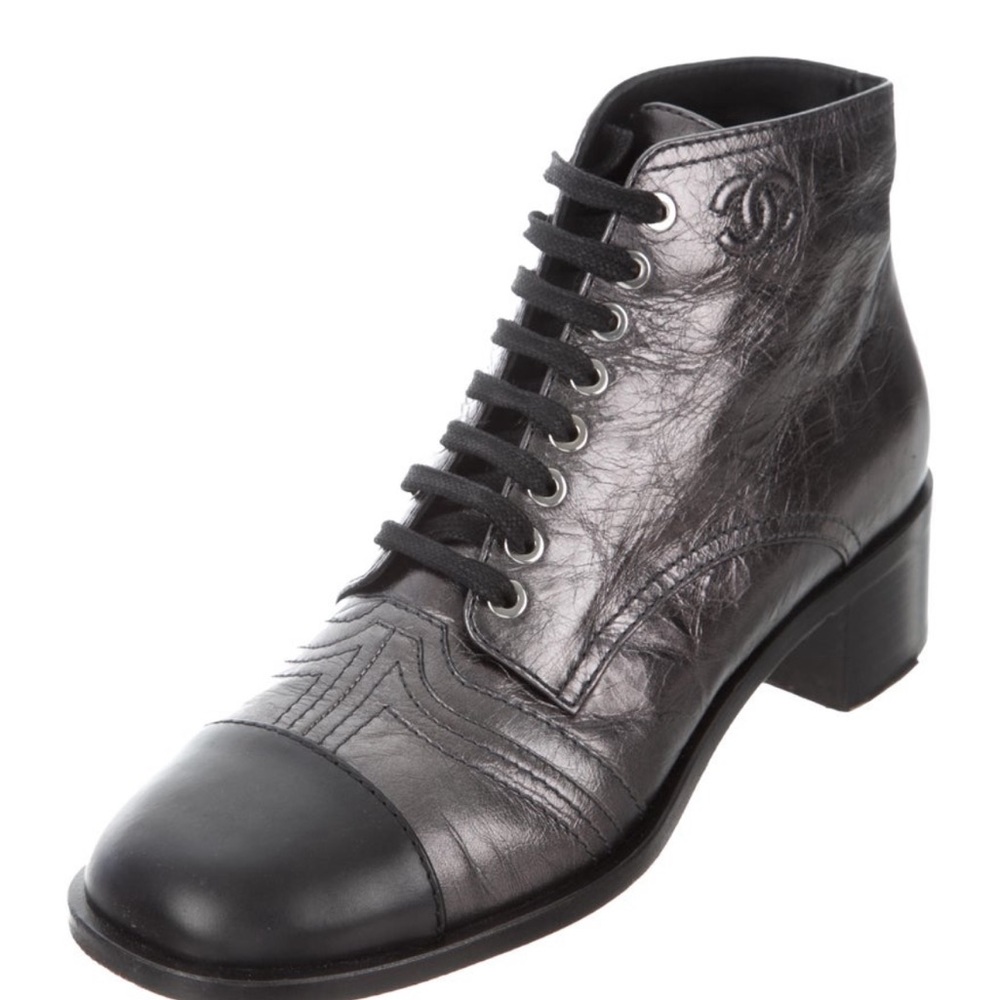 Chanel lace up boots metallic round toe sz 40.5/10